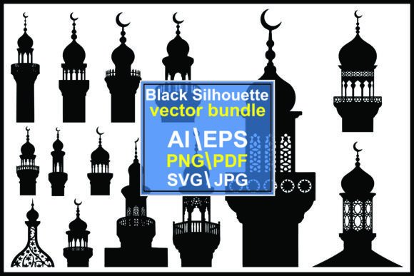 Silhouettes of Various Minarets and Dome Graphics for Themed Branding and Visual Storytelling